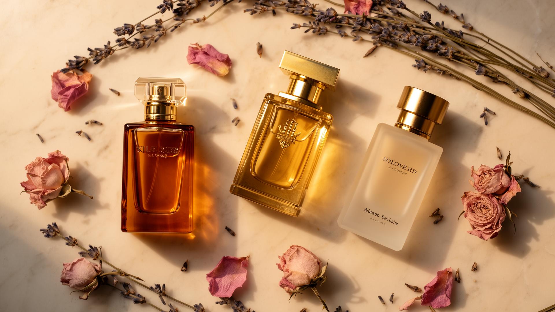 Three luxury perfume bottles on cream marble